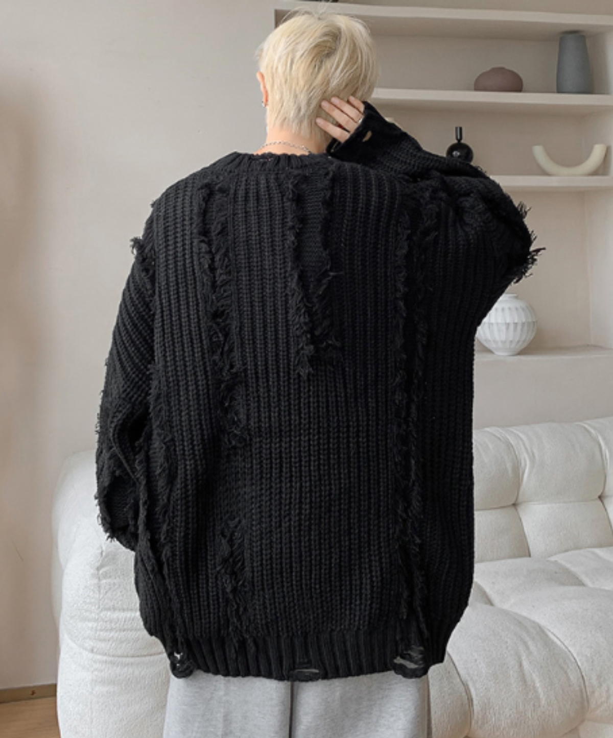 dark fringe-detail distressed finish sweater EN3177