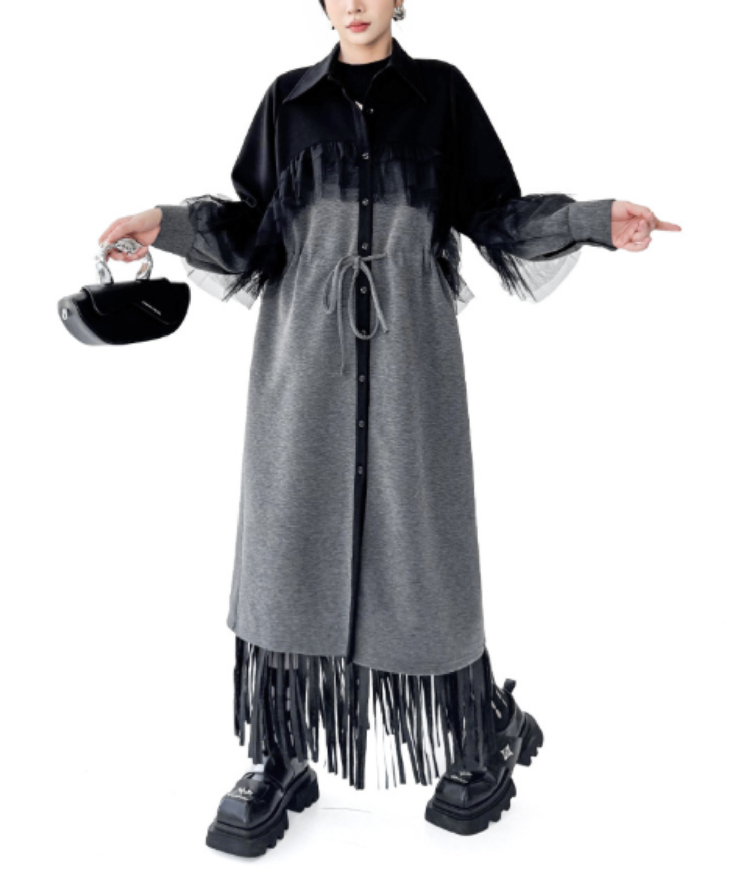 tulle patchwork and shibori detailing long shirt EN3133