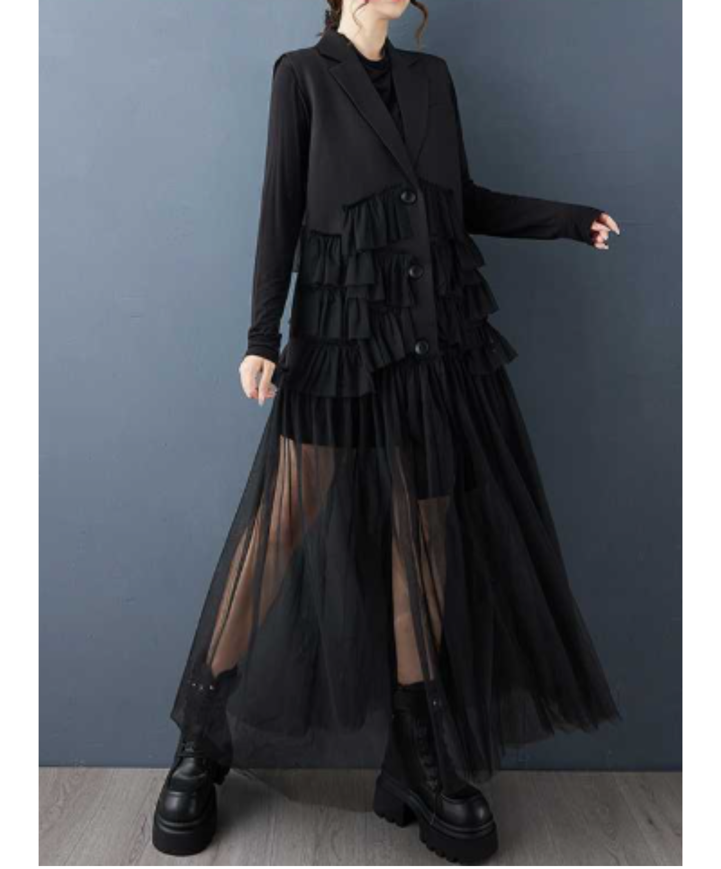 dark long mesh patchwork piece vest  EN3039