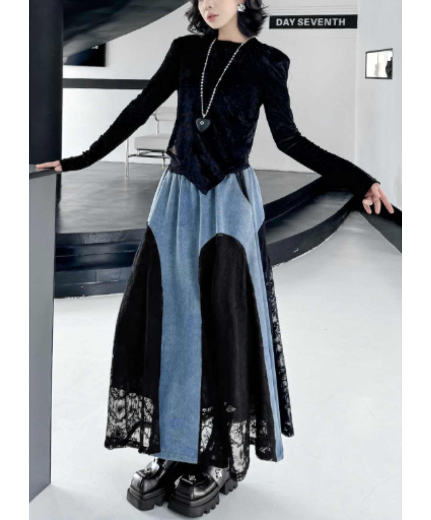denim x lace patchwork skirt EN2894