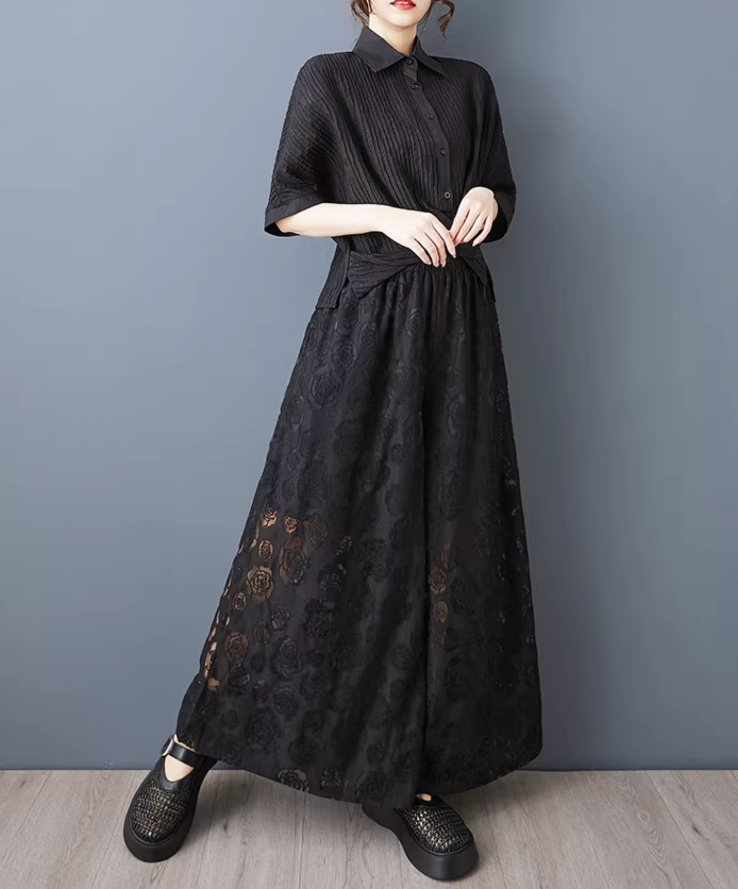 dark rose motif lace design wide pants EN2798