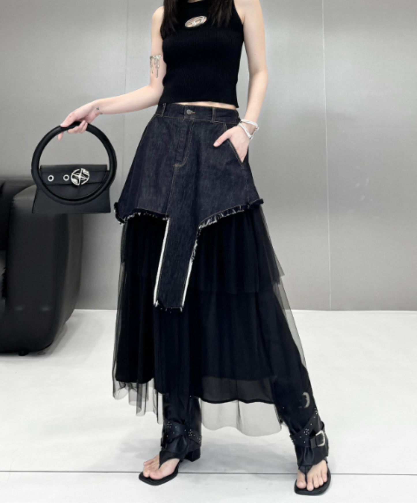 asymmetrical denim patchwork mesh design skirt EN3066