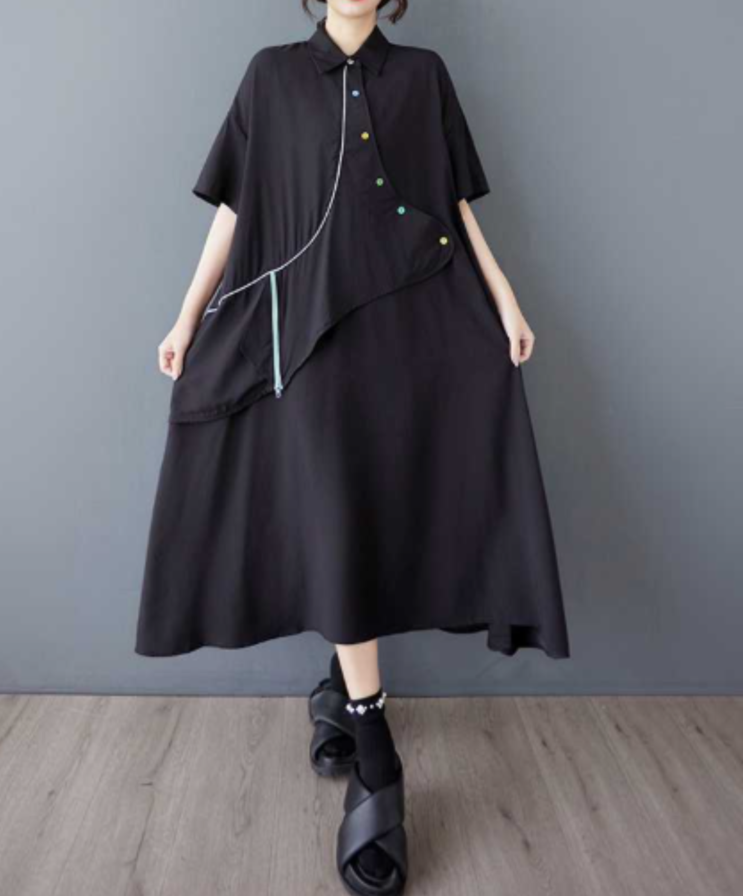 dark fake two-piece asymmetrical design long shirt EN3060