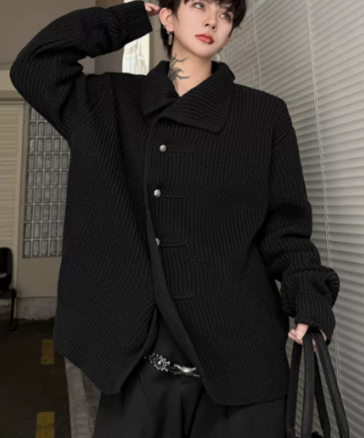high-neck raised-relief knitting cardigan EN3256