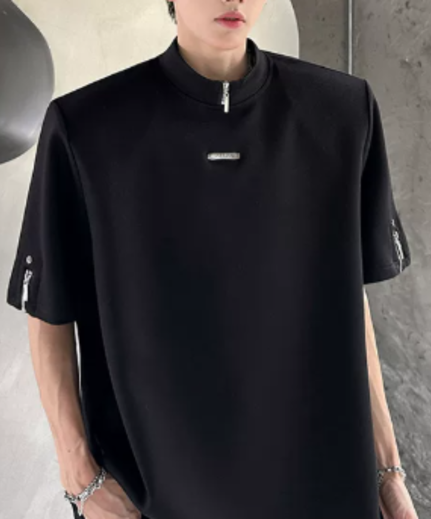 high neck, loose zipper detail t-shirt EN2931