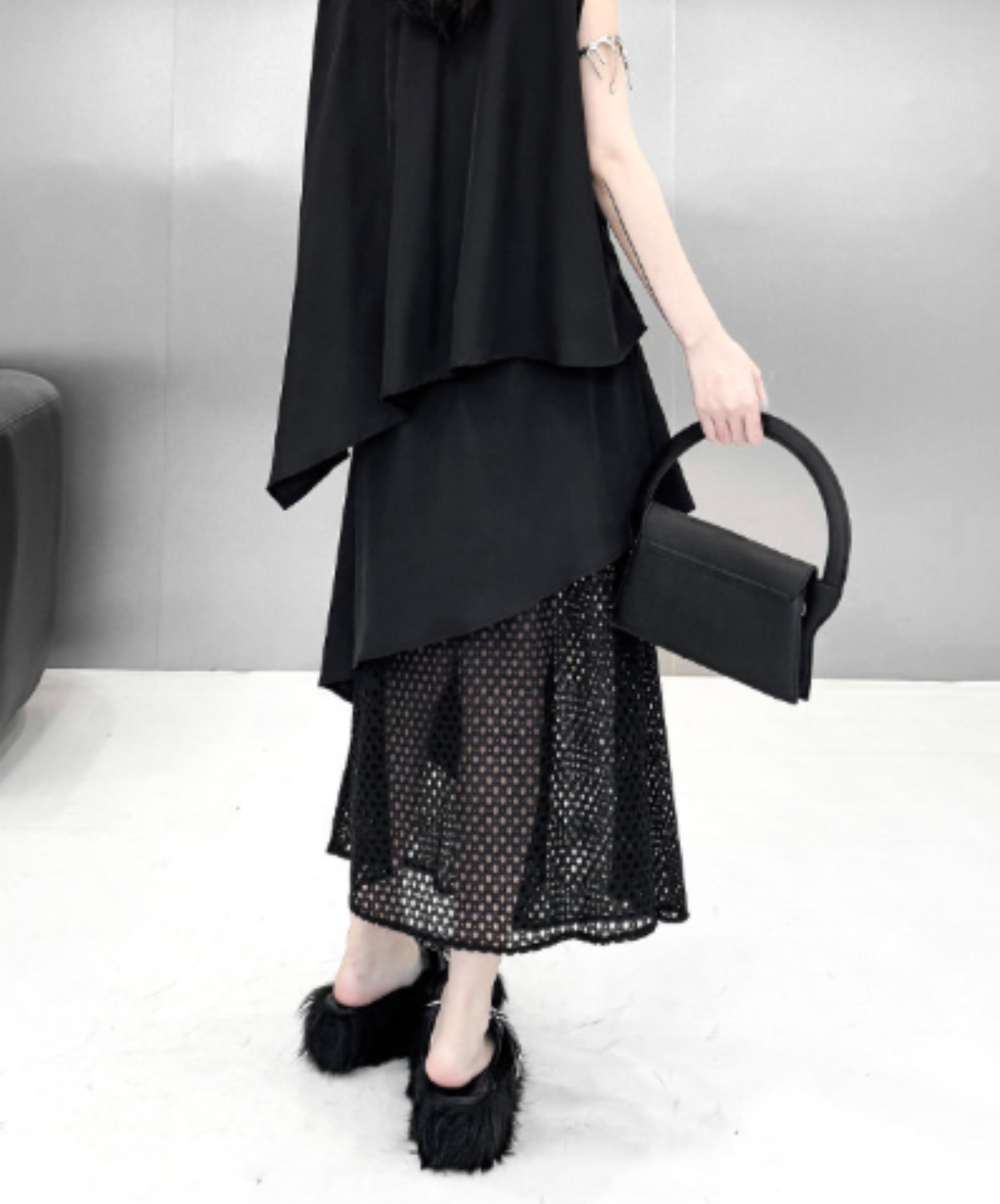 dark irregular design mesh long skirt EN2947