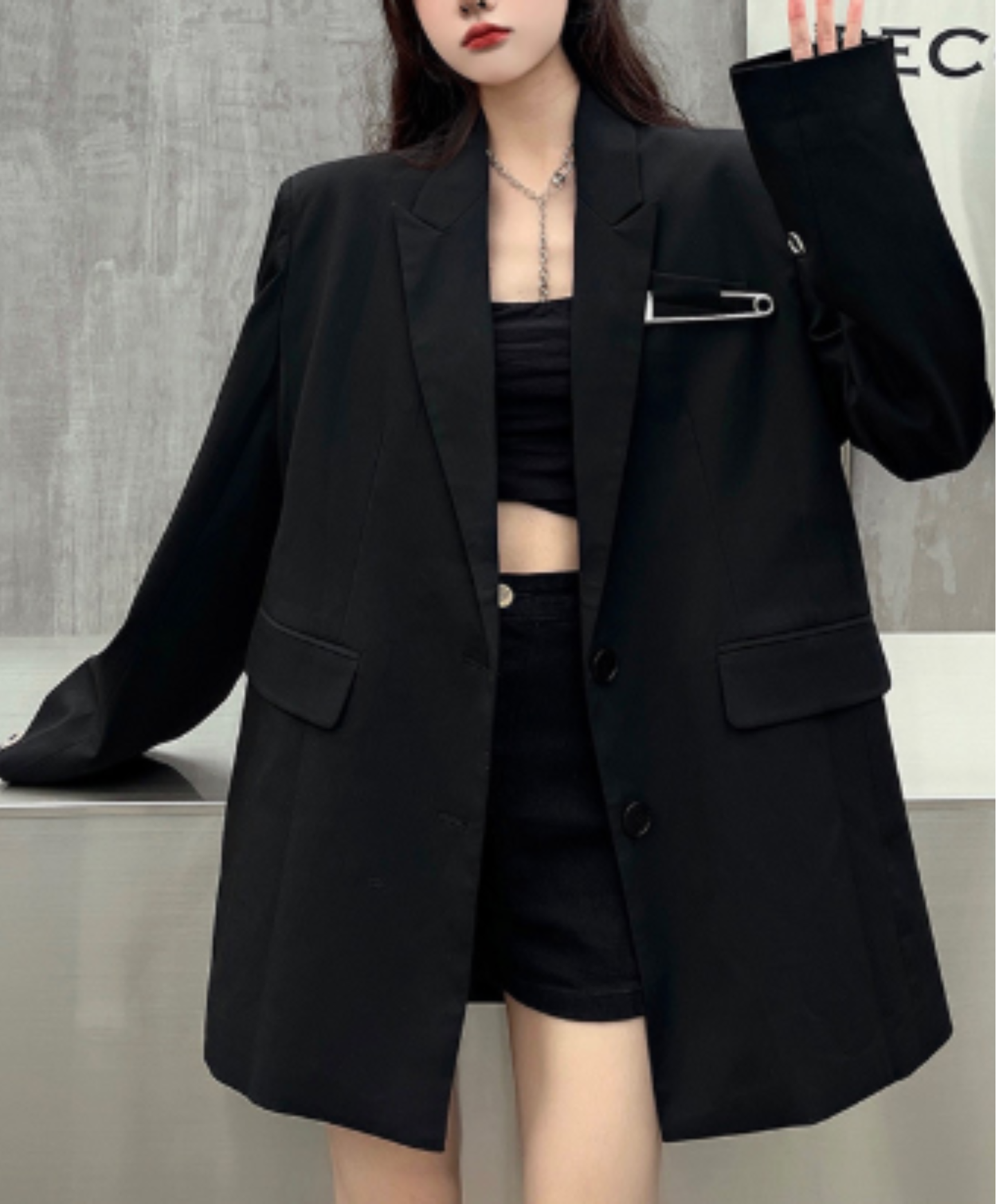oversized safety pin and eyelet accents jacket EN3164
