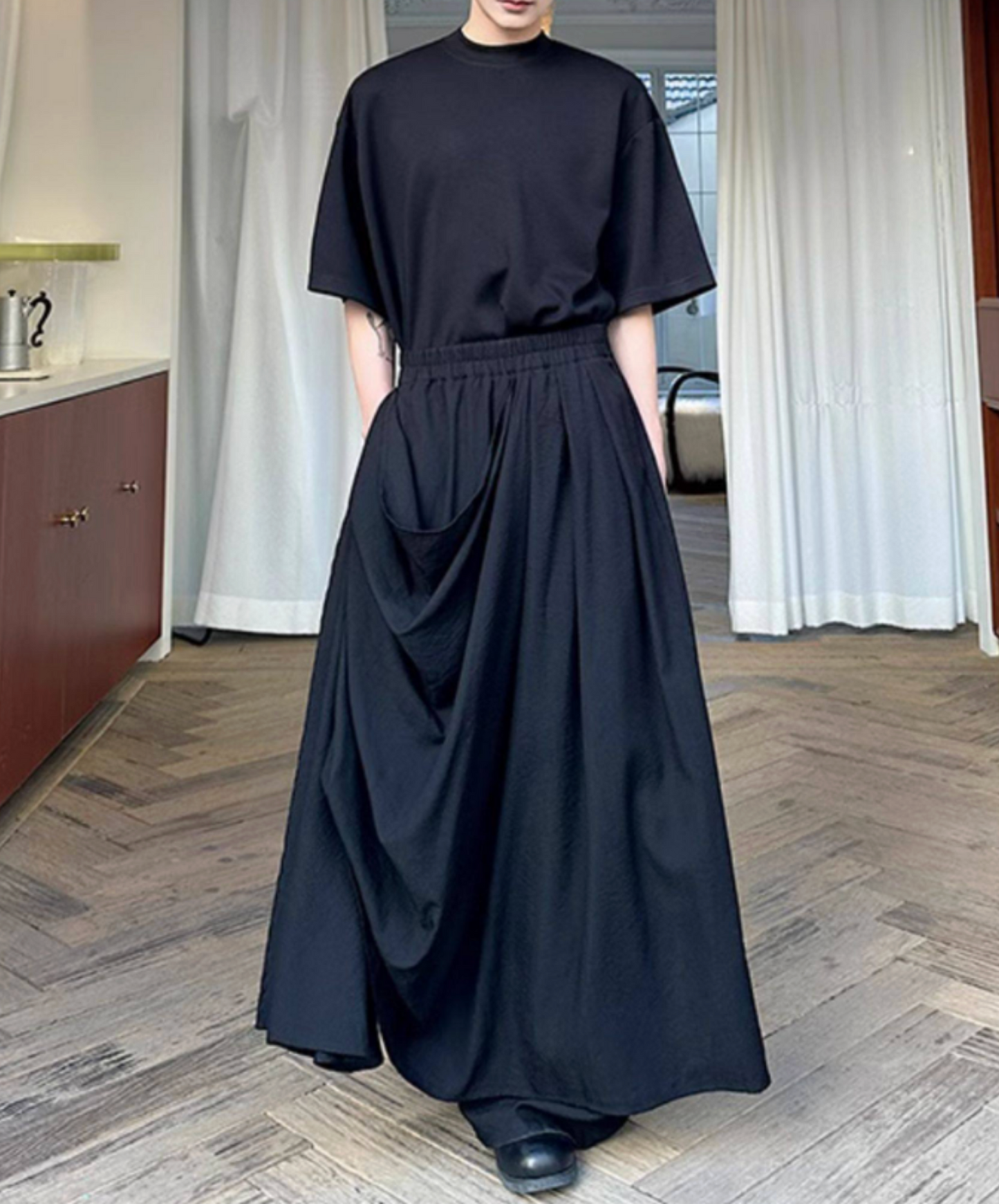 dark draped double skirt pants EN2691