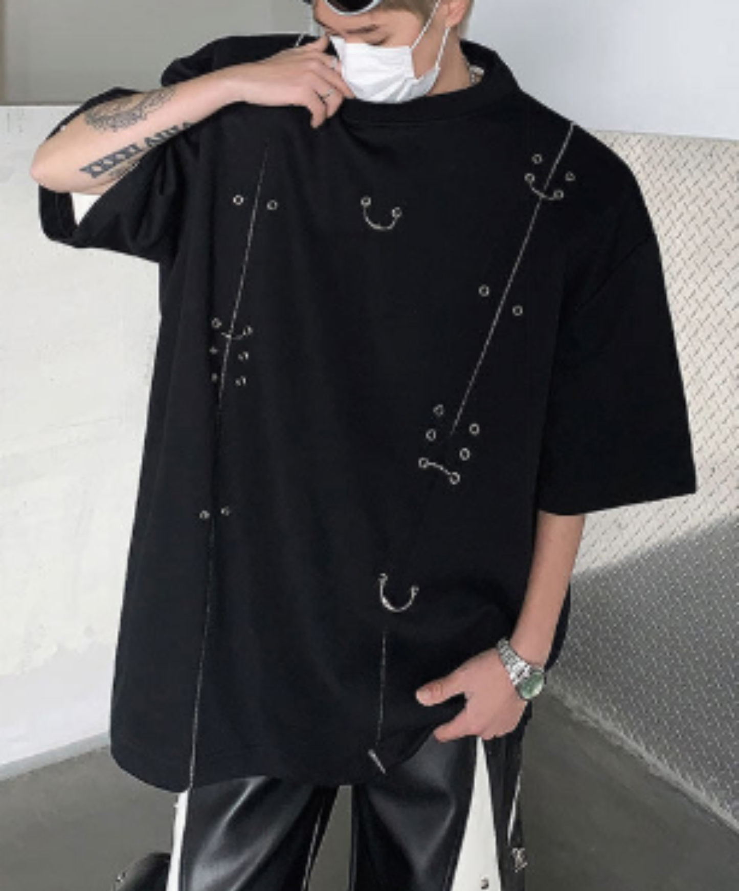 metal rivet, loose fit, three-quarter sleeves t-shirt EN2961