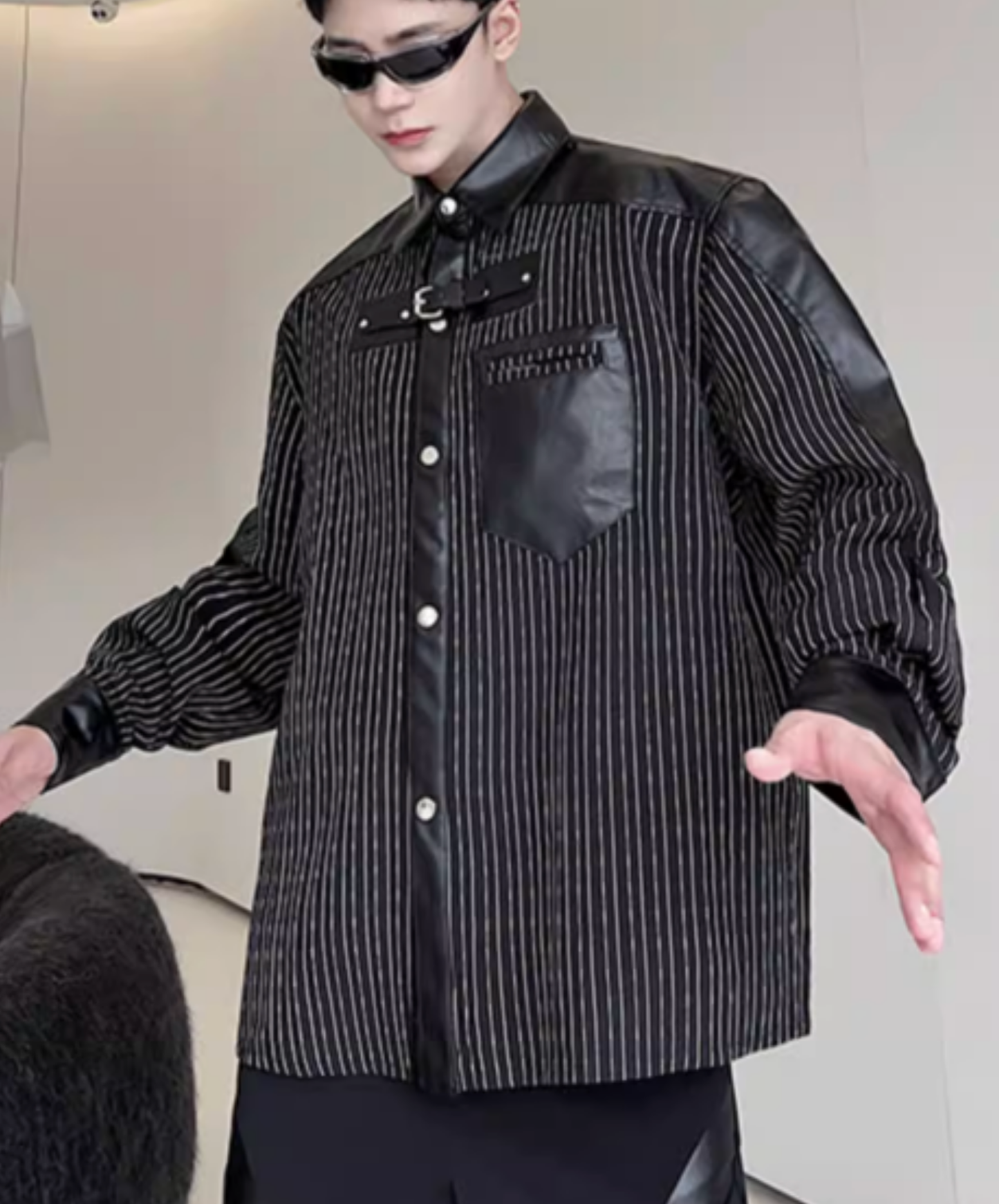 thin striped leather patchwork shirt EN2817