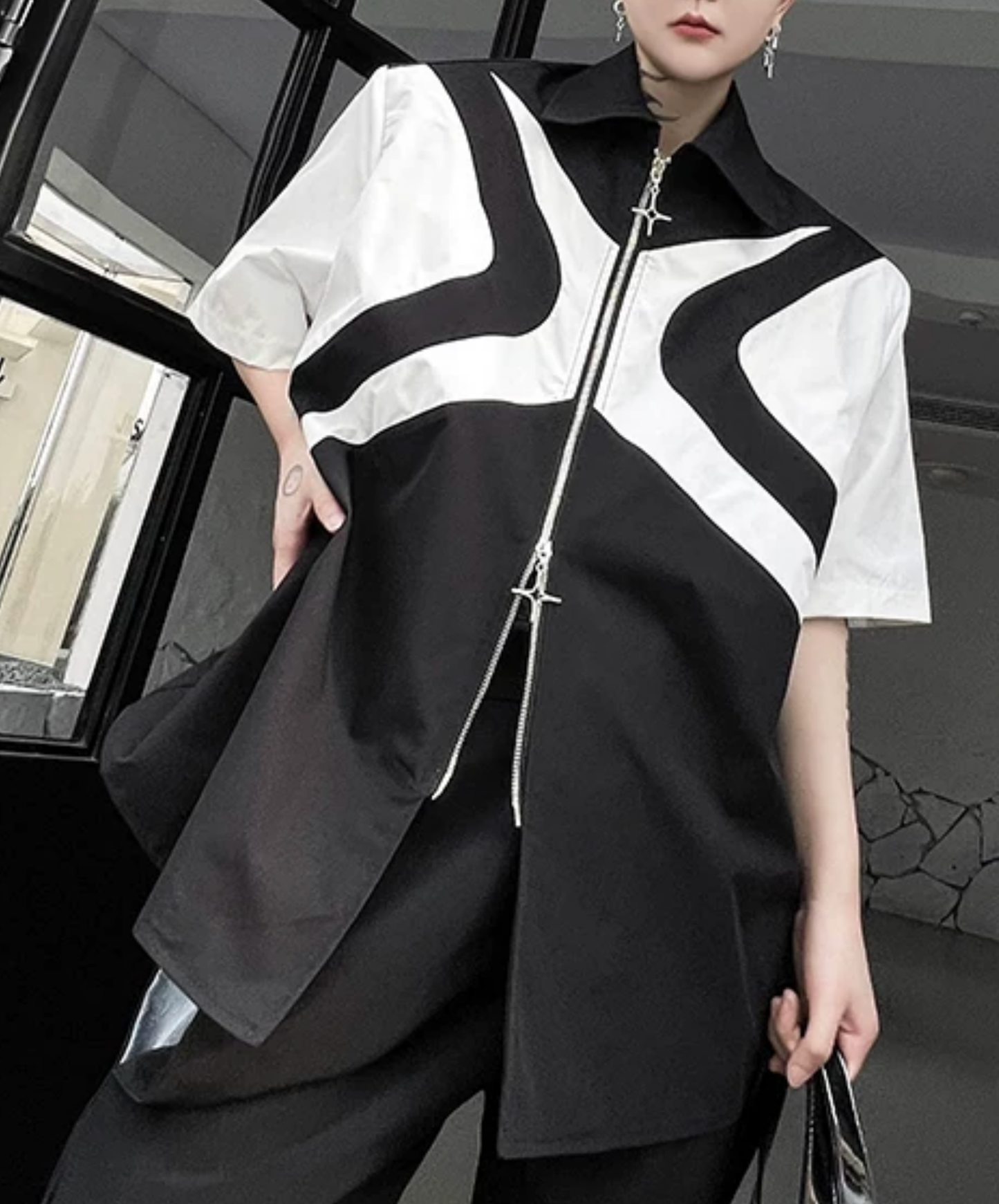 dark double zipper x design shirt EN2865