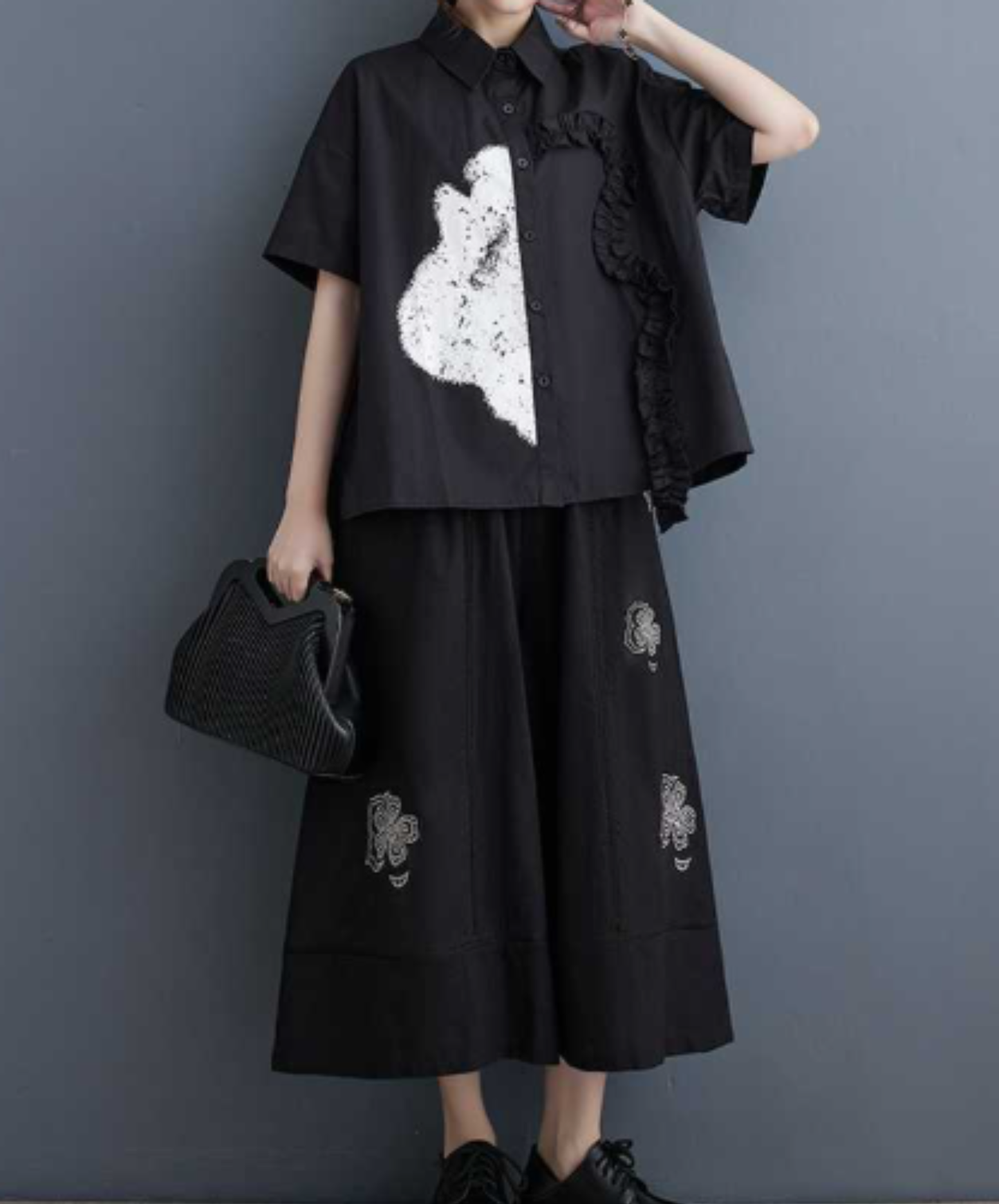 frill and ribbon splicing print shirt EN3080
