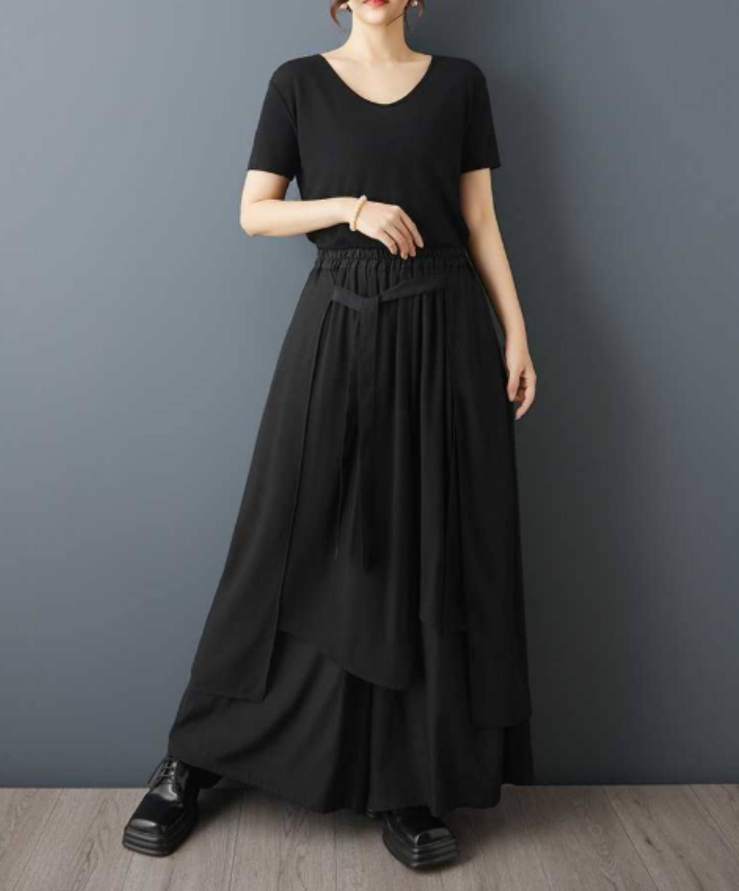 dark asymmetrical chiffon patchwork wide pants EN3062
