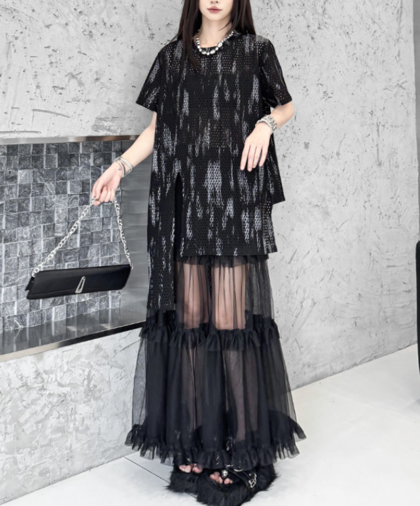 printed mesh asymmetrical t-shirt EN2840