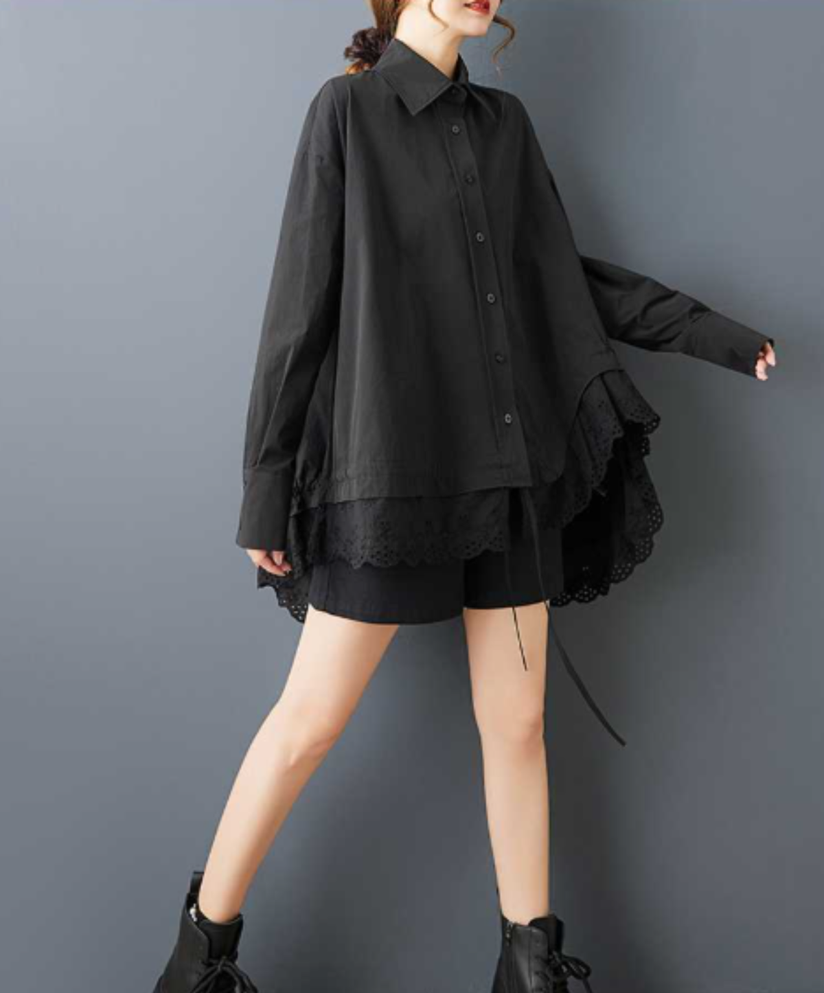 asymmetrical scalloped lace shirt EN3233