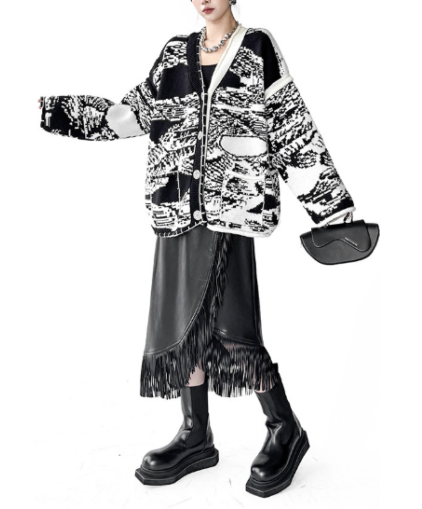 oversized design with spliced paneling cardigan EN3156