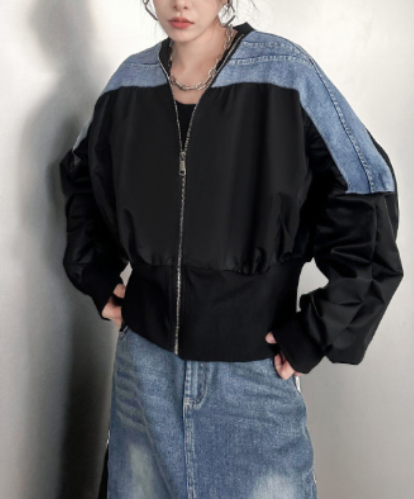 cropped denim patchwork style zipper jacket EN3112