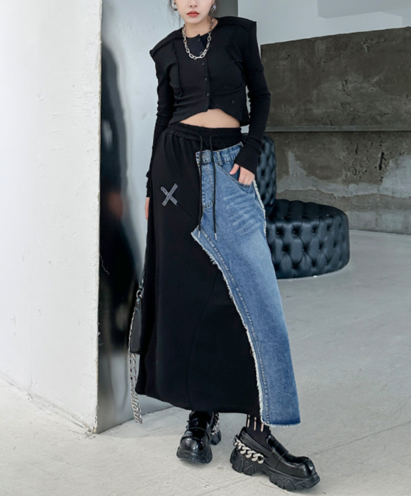 mixed material asymmetric skirt EN2276