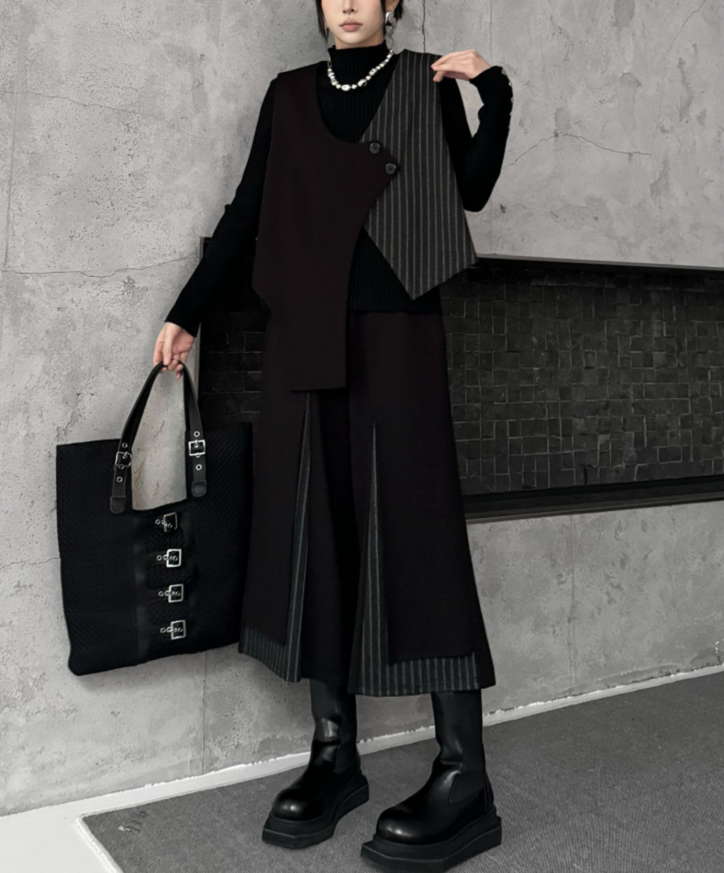 peek-a-boo striped patchwork wide pants EN2743