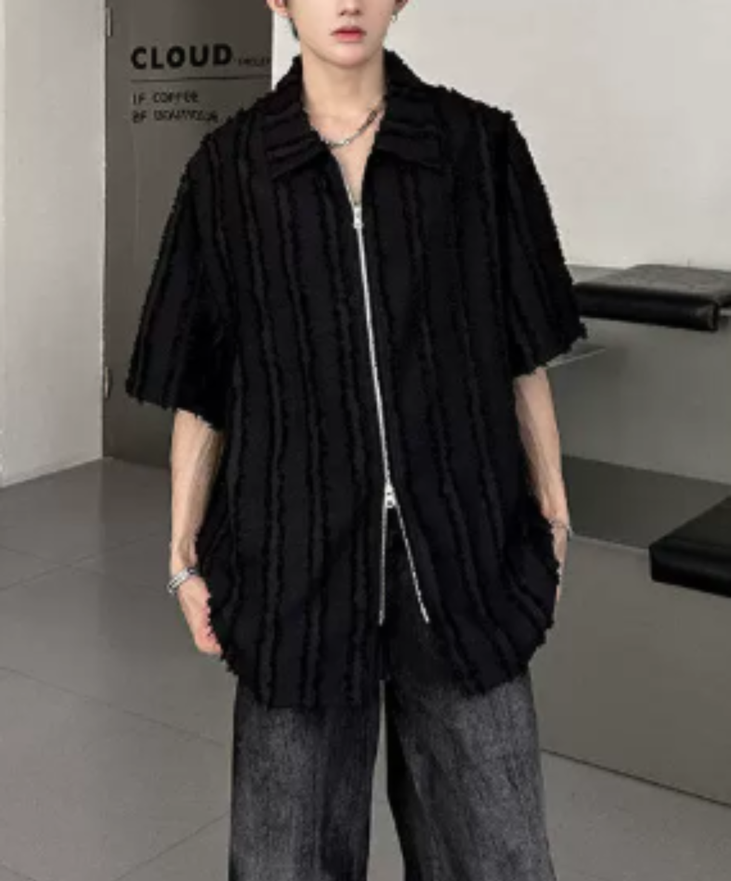 frayed design double zipper shirt EN2976