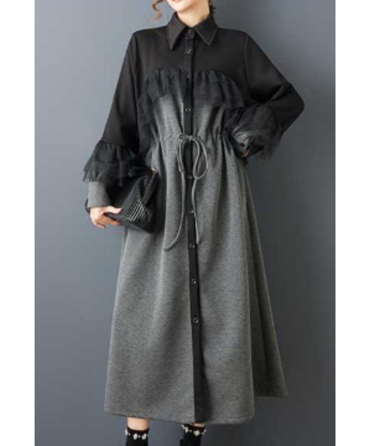 drawstring design tulle ruffle detailing long shirt EN3234