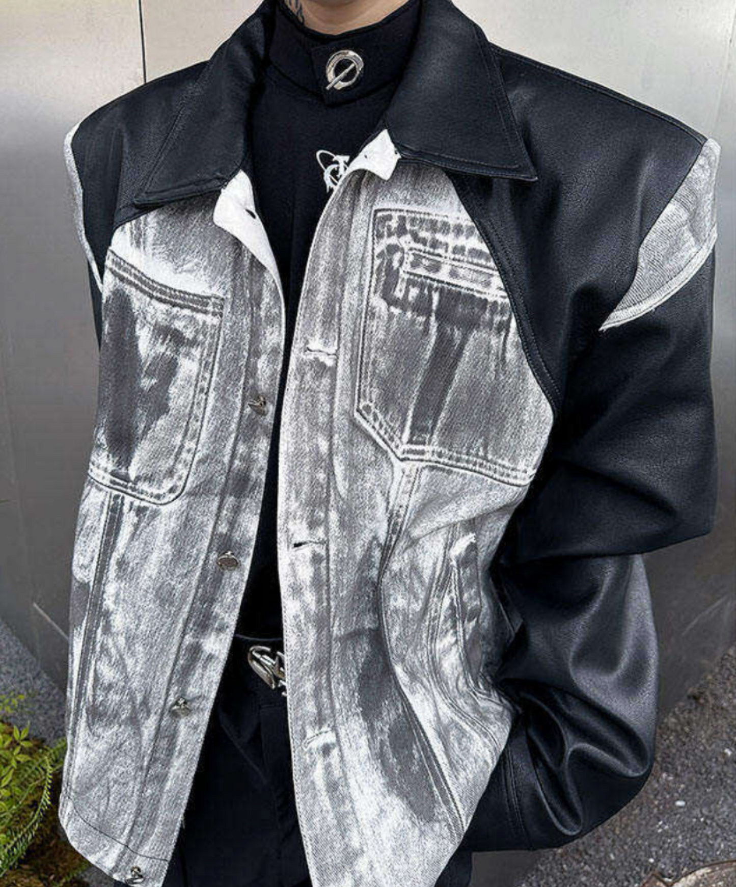 denim print x pu leather patchwork jacket EN2657