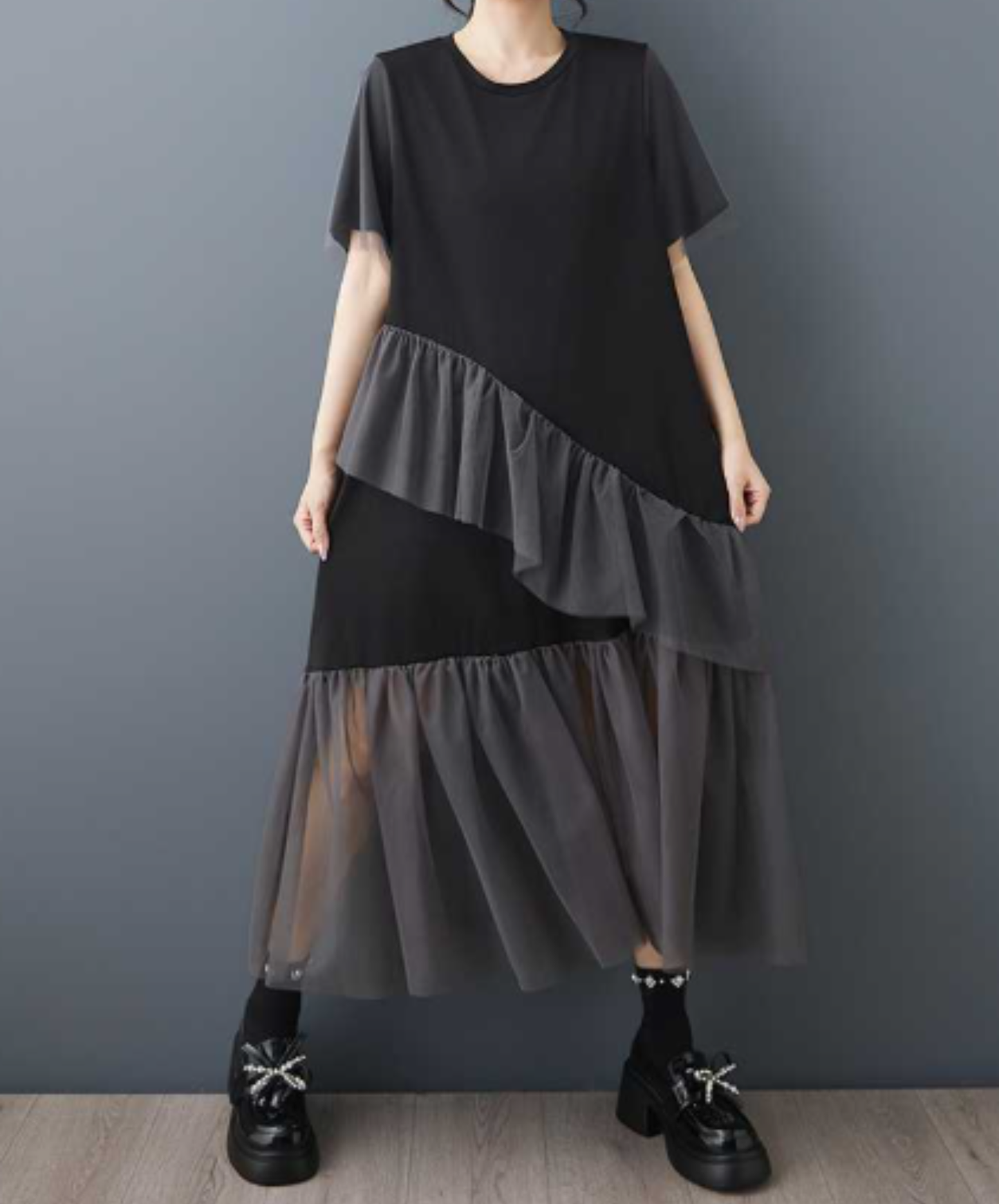 asymmetrical mesh patchwork design t-shirt EN3045