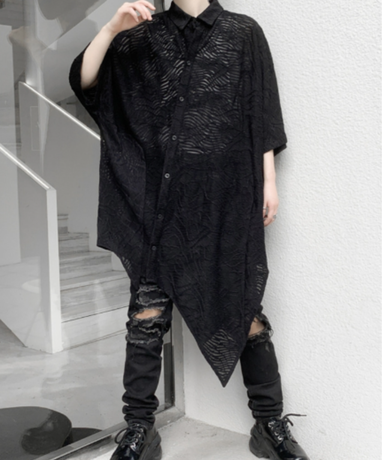 bat-shaped openwork pattern shirt EN3008