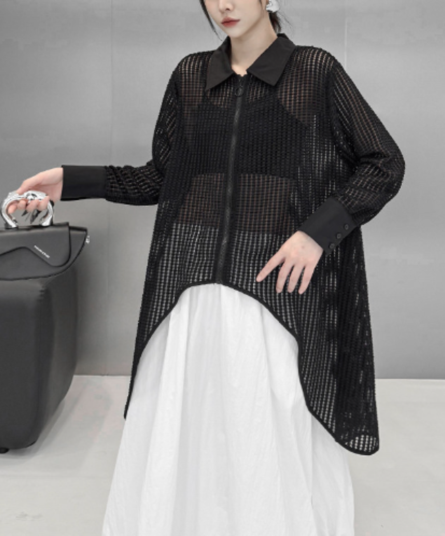 dark Irregular design ring fastener sheer shirt EN2967