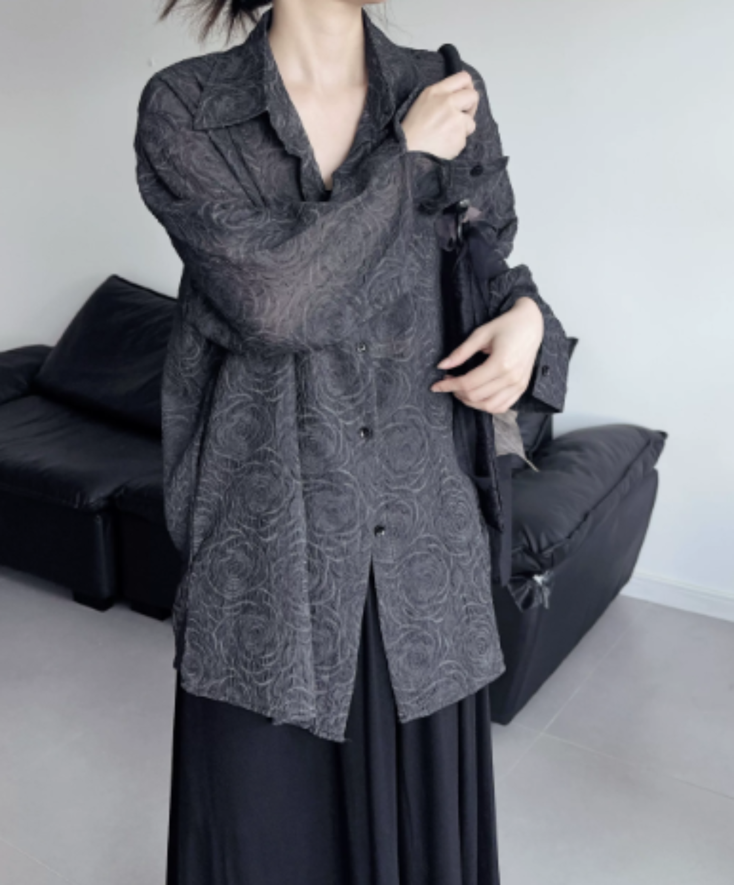 retro rose jacquard sheer shirt EN3013