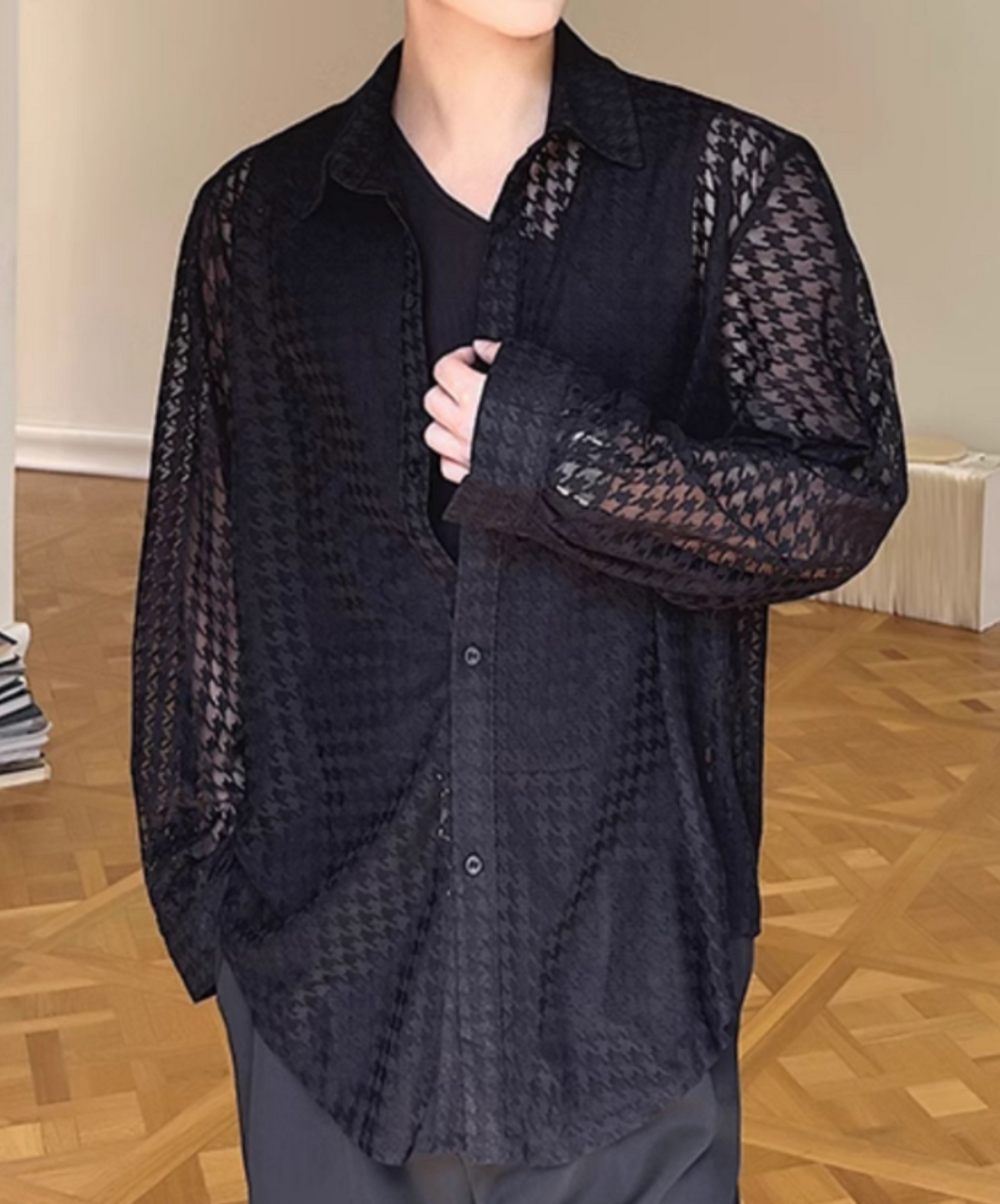 dark houndstooth sheer shirt EN2109