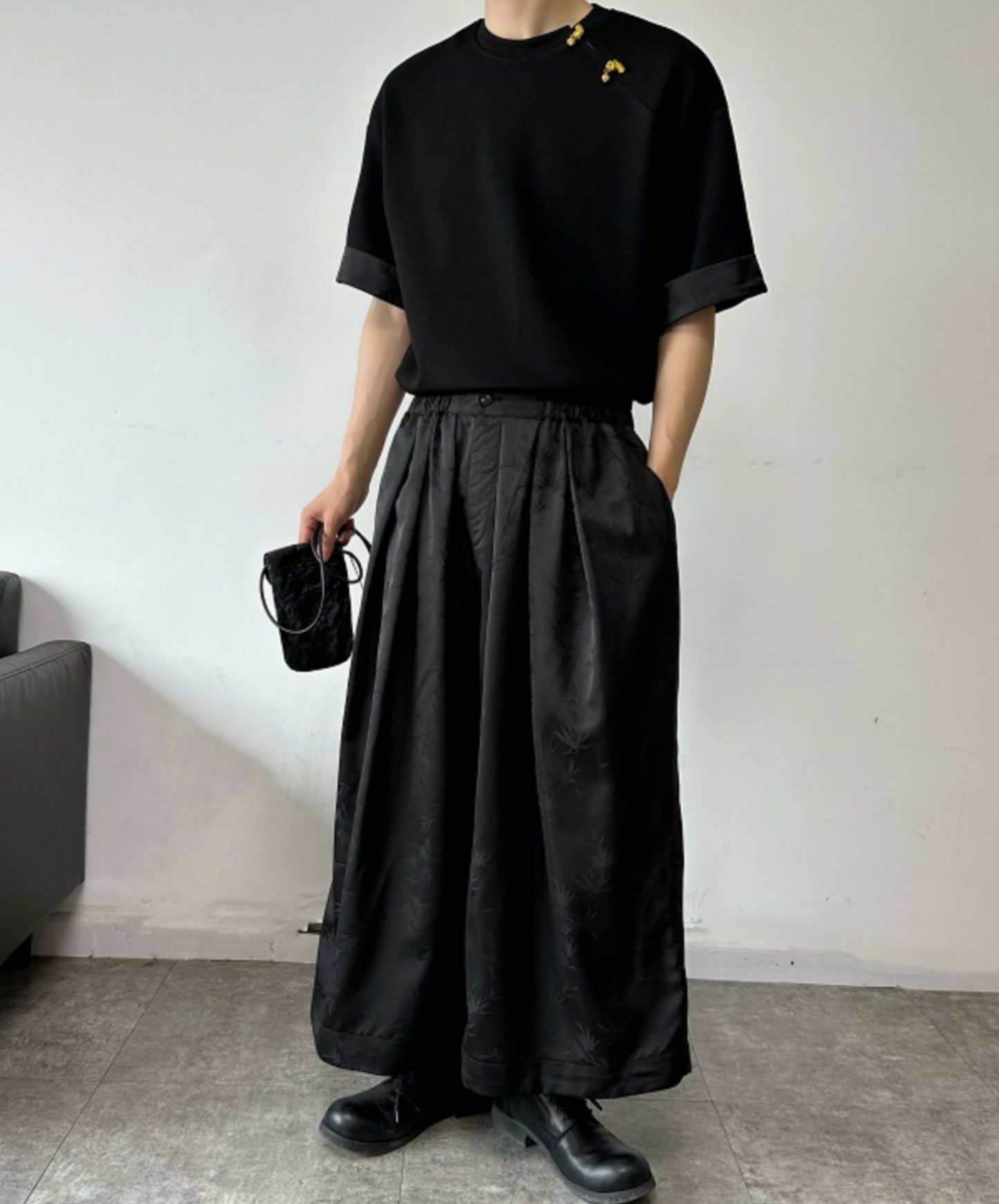 chinese style satin jacquard wide pants EN1767