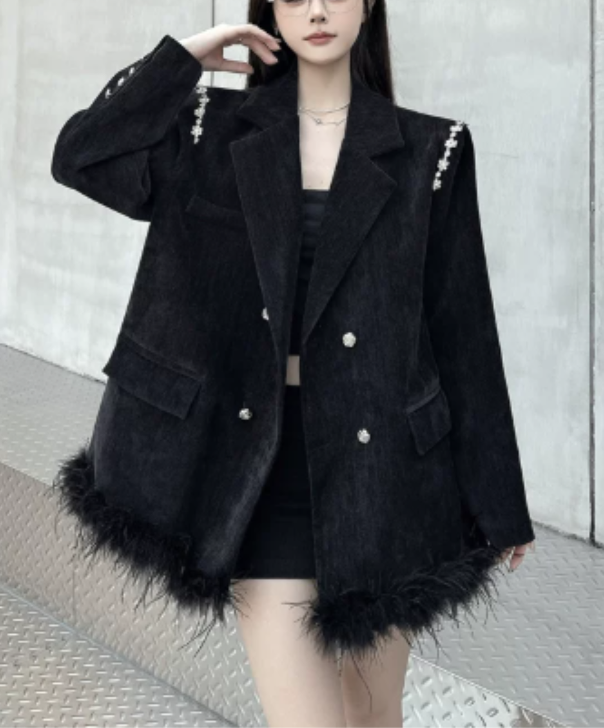 dark fur hem with floral lace embellishment jacket EN3191