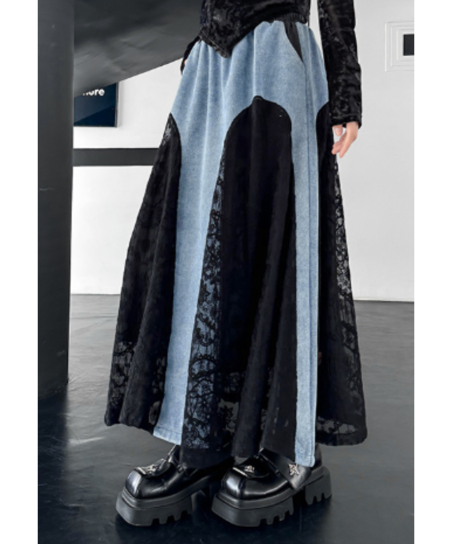denim x lace patchwork skirt EN2894