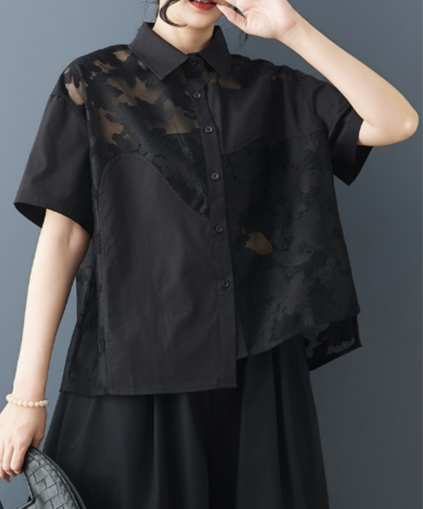 openwork patchwork sheer shirt EN2978