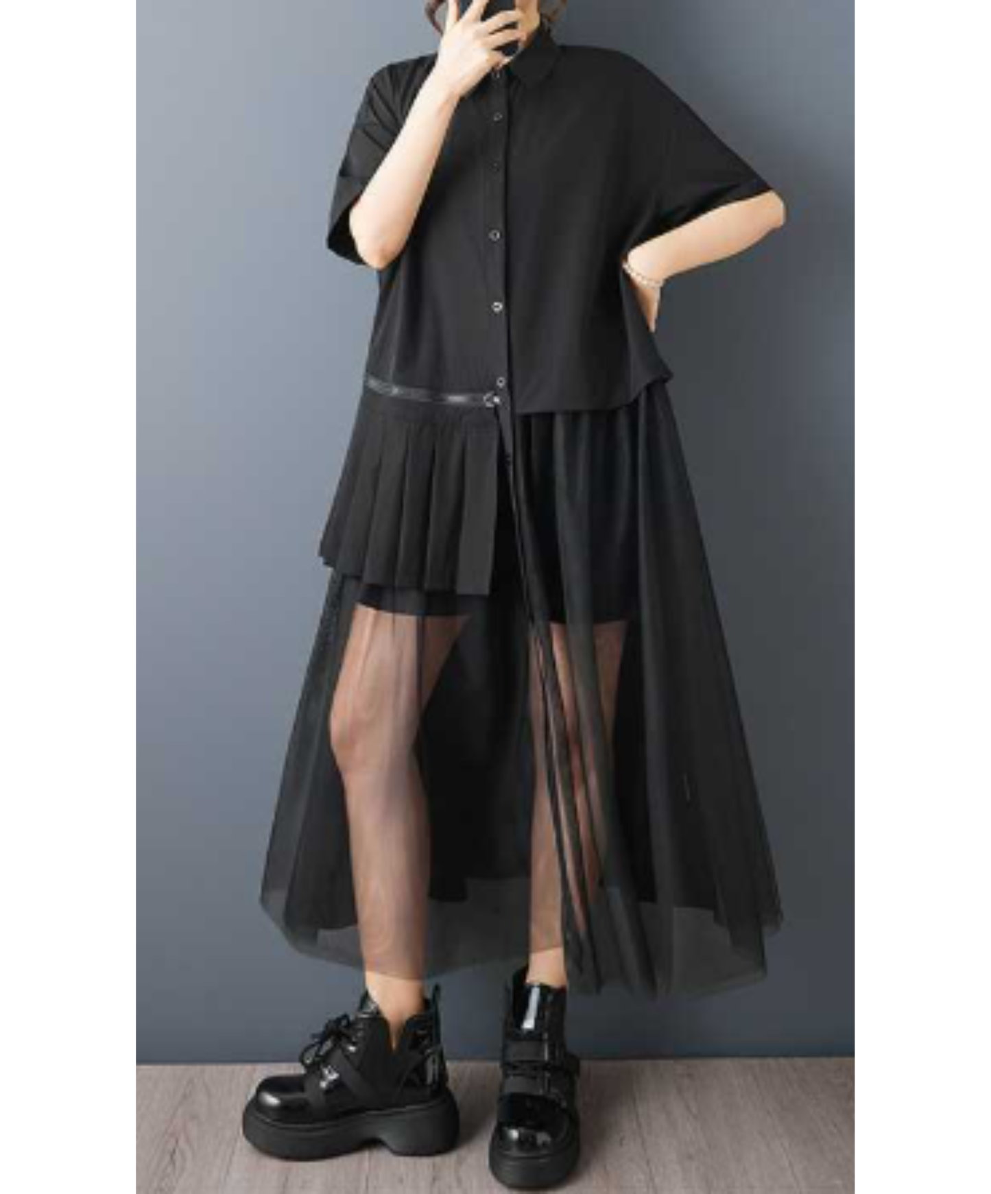 asymmetric mesh long shirt EN2895