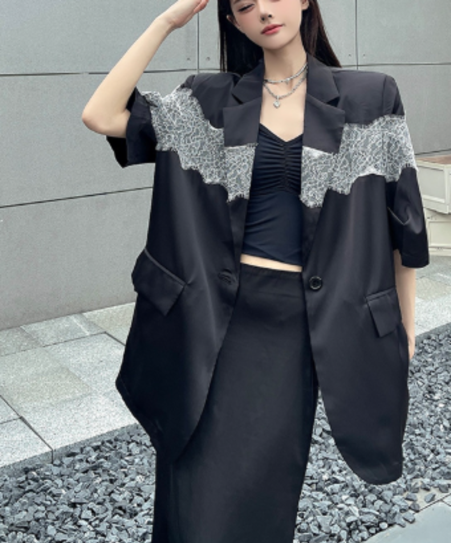 sheer with lace trim jacket EN3077