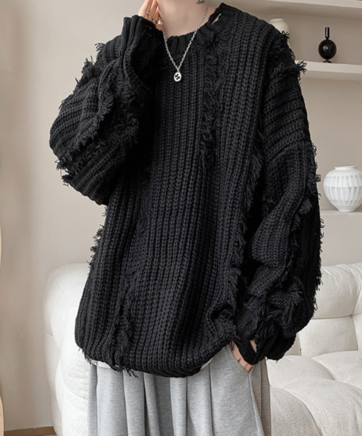 dark fringe-detail distressed finish sweater EN3177
