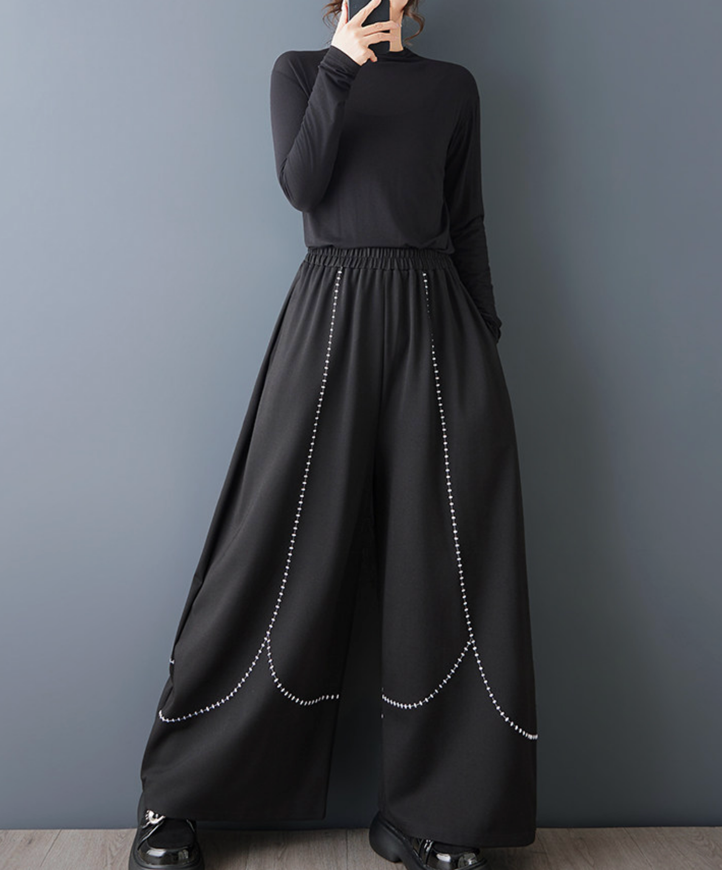 dark embroidery color block wide pants EN2728