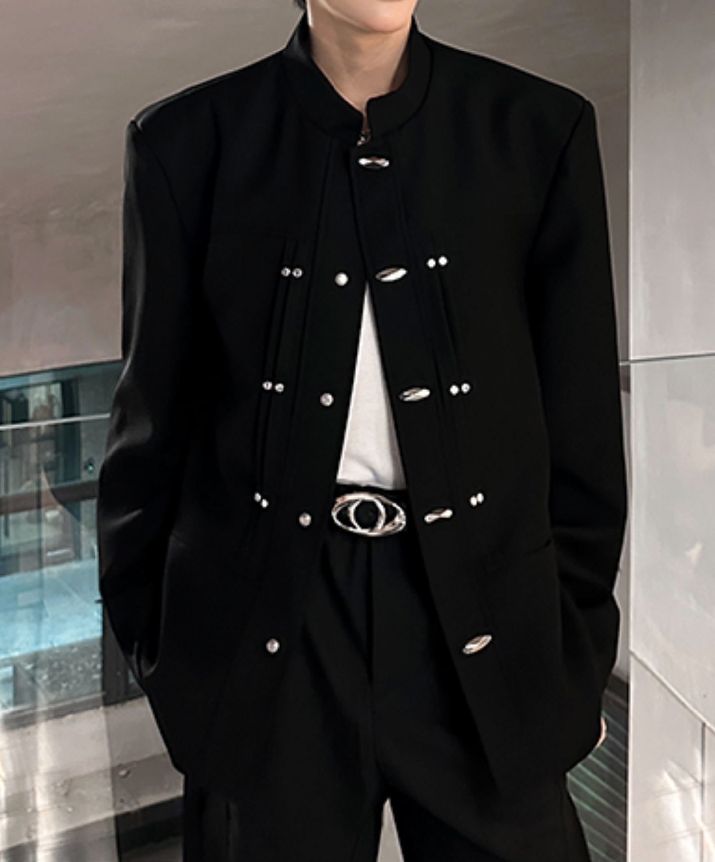 stand collar with metal buckle jacket EN2488