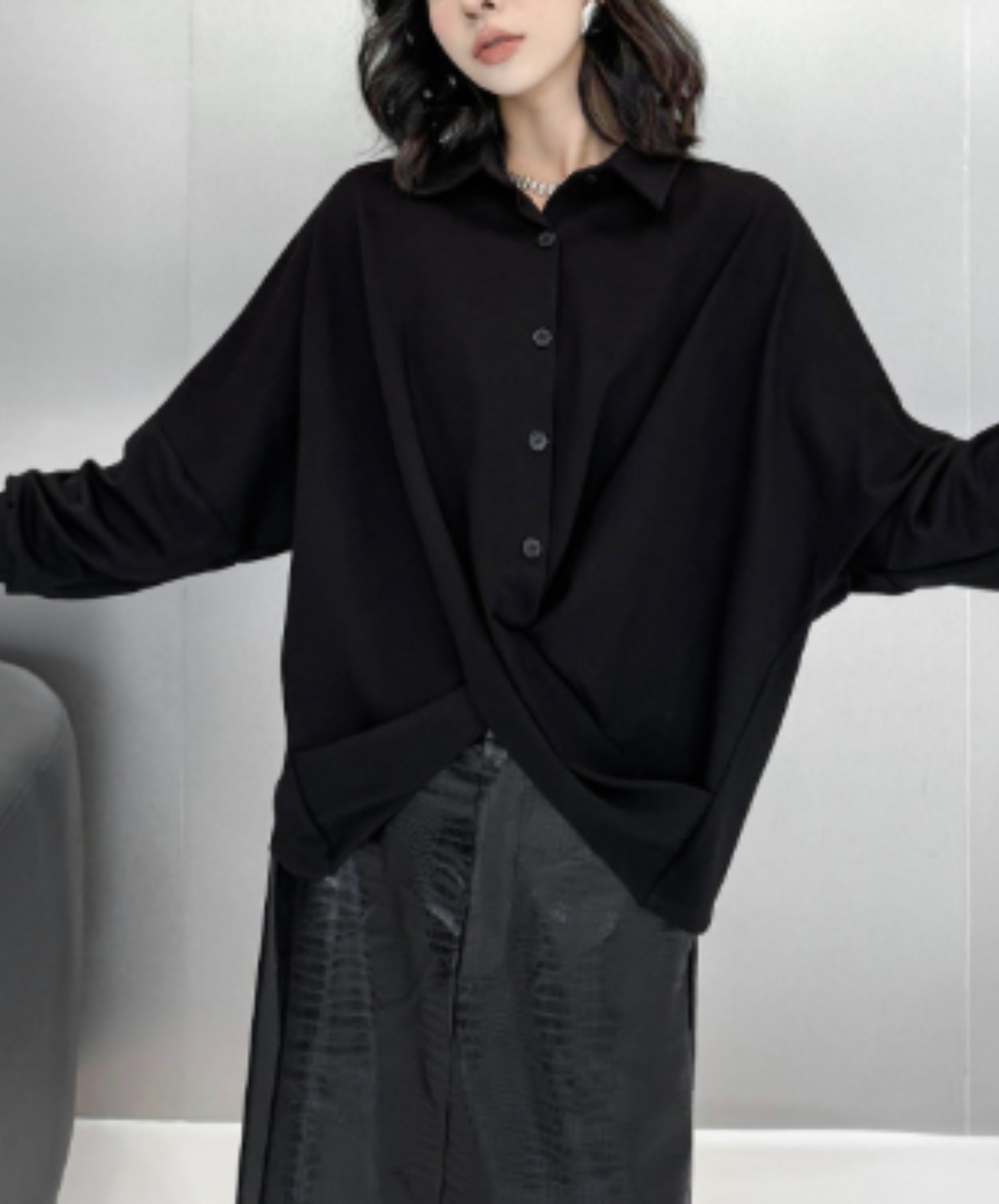 dark crossover-design dolman sleeves shirt EN3131