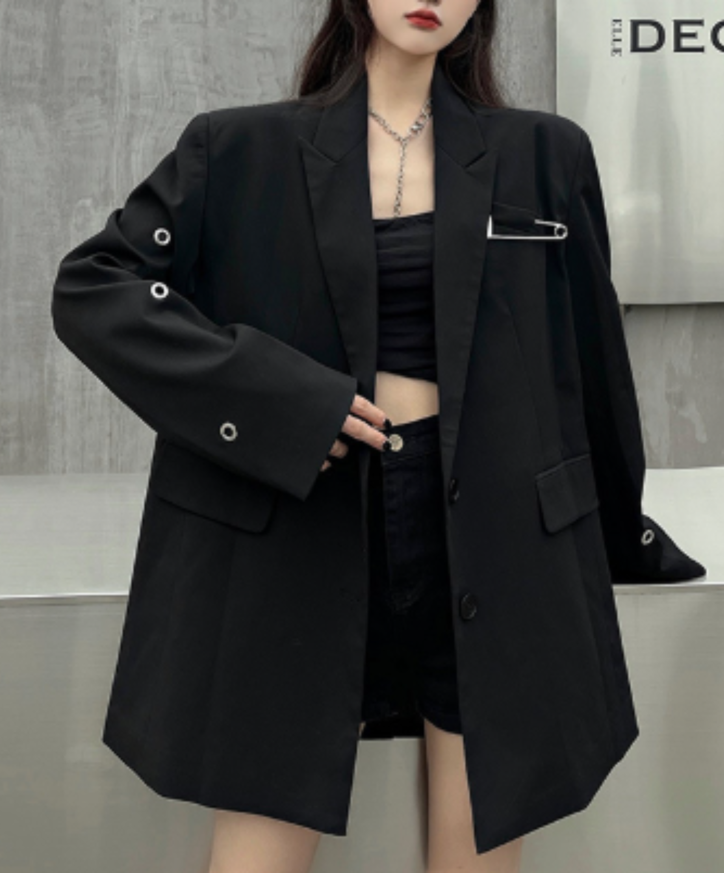 oversized safety pin and eyelet accents jacket EN3164