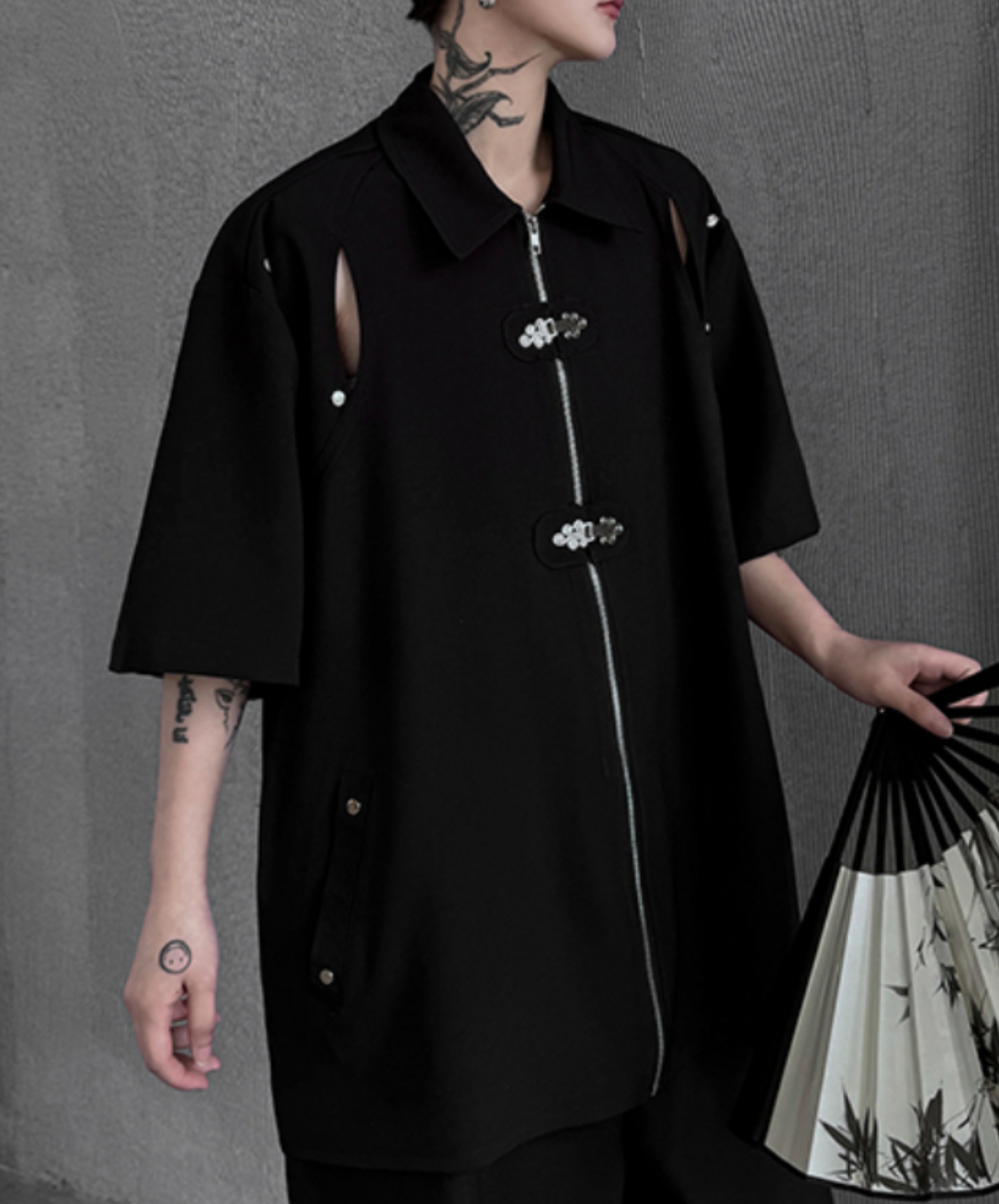 dark chinese style metal buckle slit zip shirt EN1744