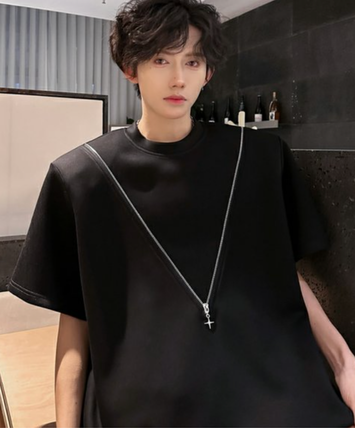 v-shaped zip-up design t-shirt EN2074