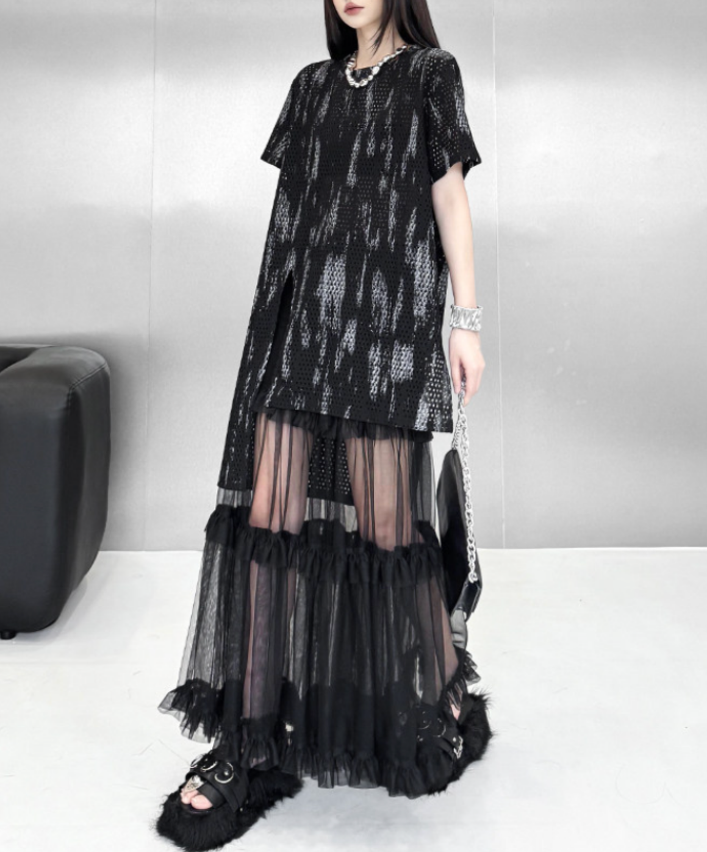 printed mesh asymmetrical t-shirt EN2840