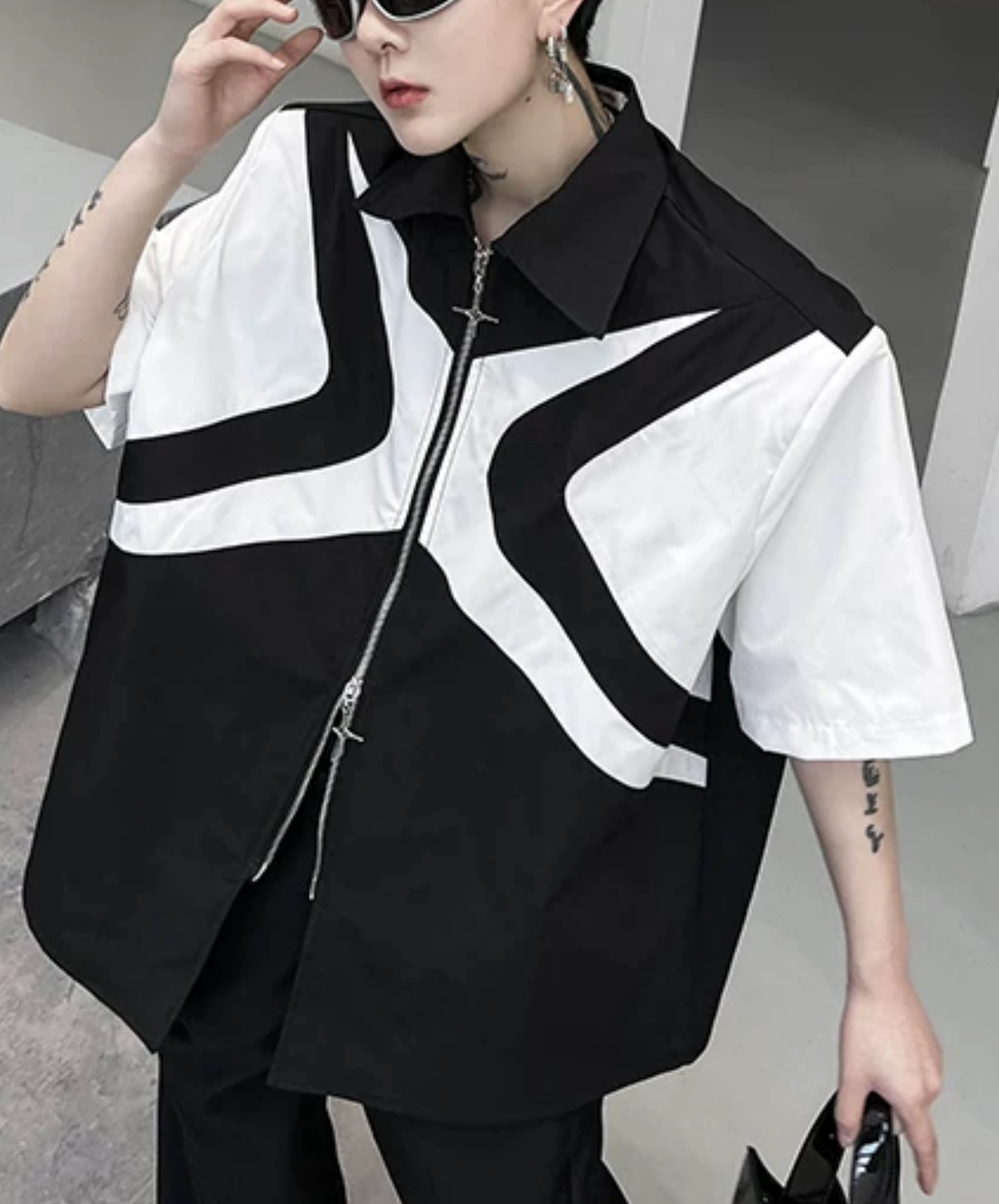 dark double zipper x design shirt EN2865