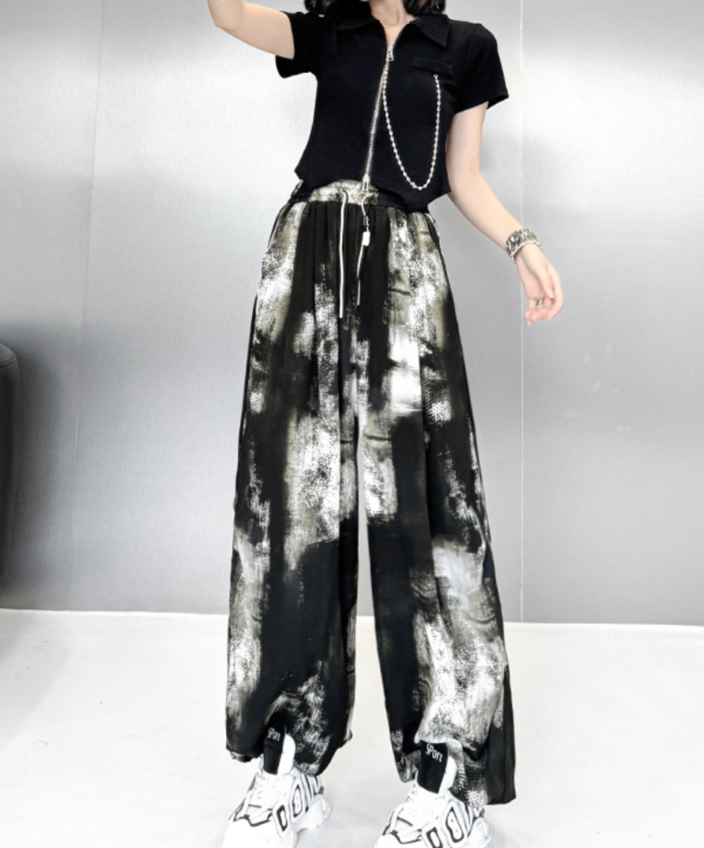 dark splicing drawstring pants EN2337