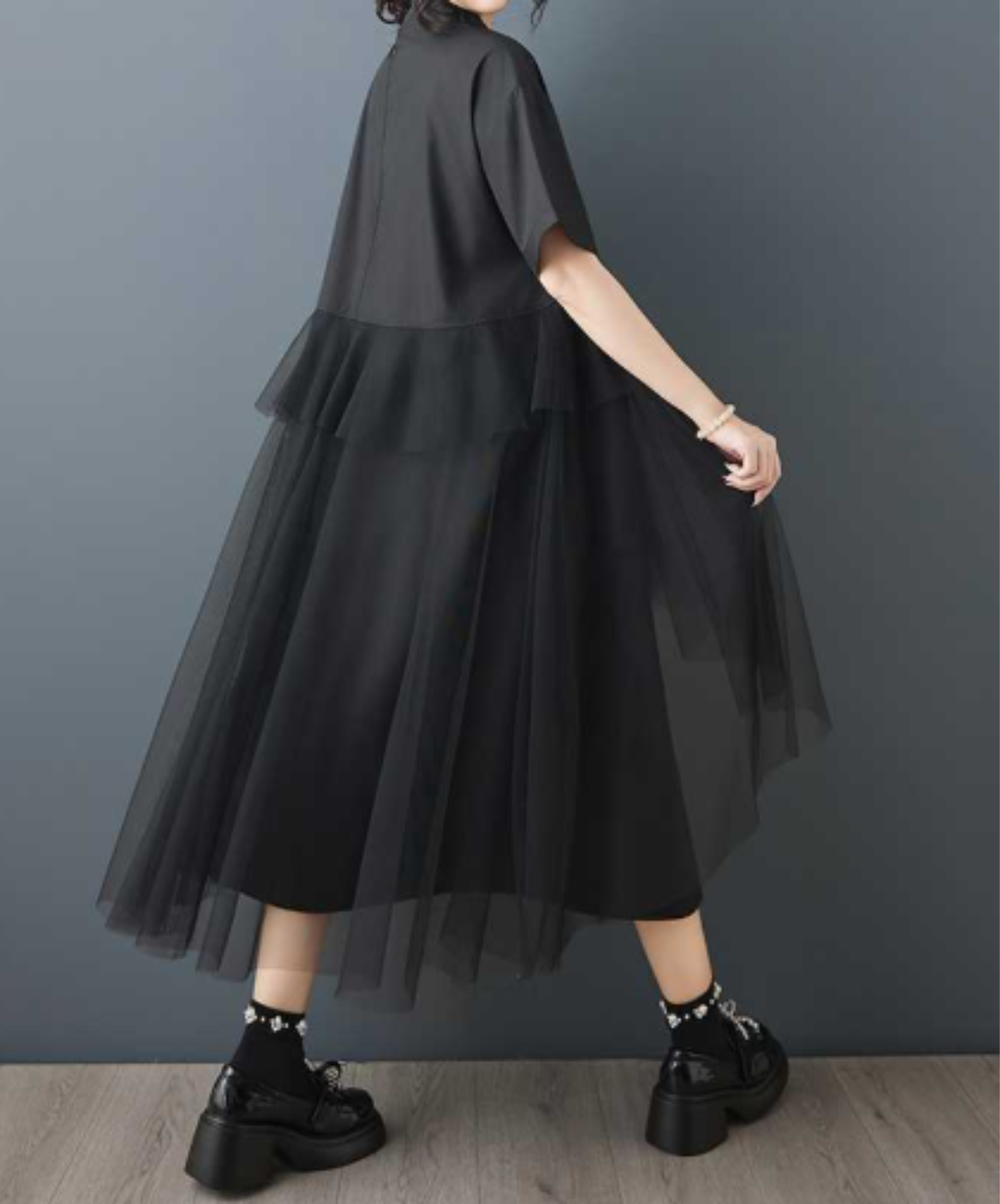 dark mesh patchwork long shirt EN3054