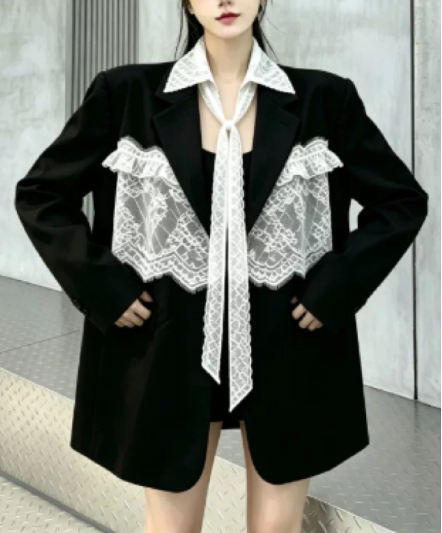 panelled design with a lace bow tie jacket EN3166
