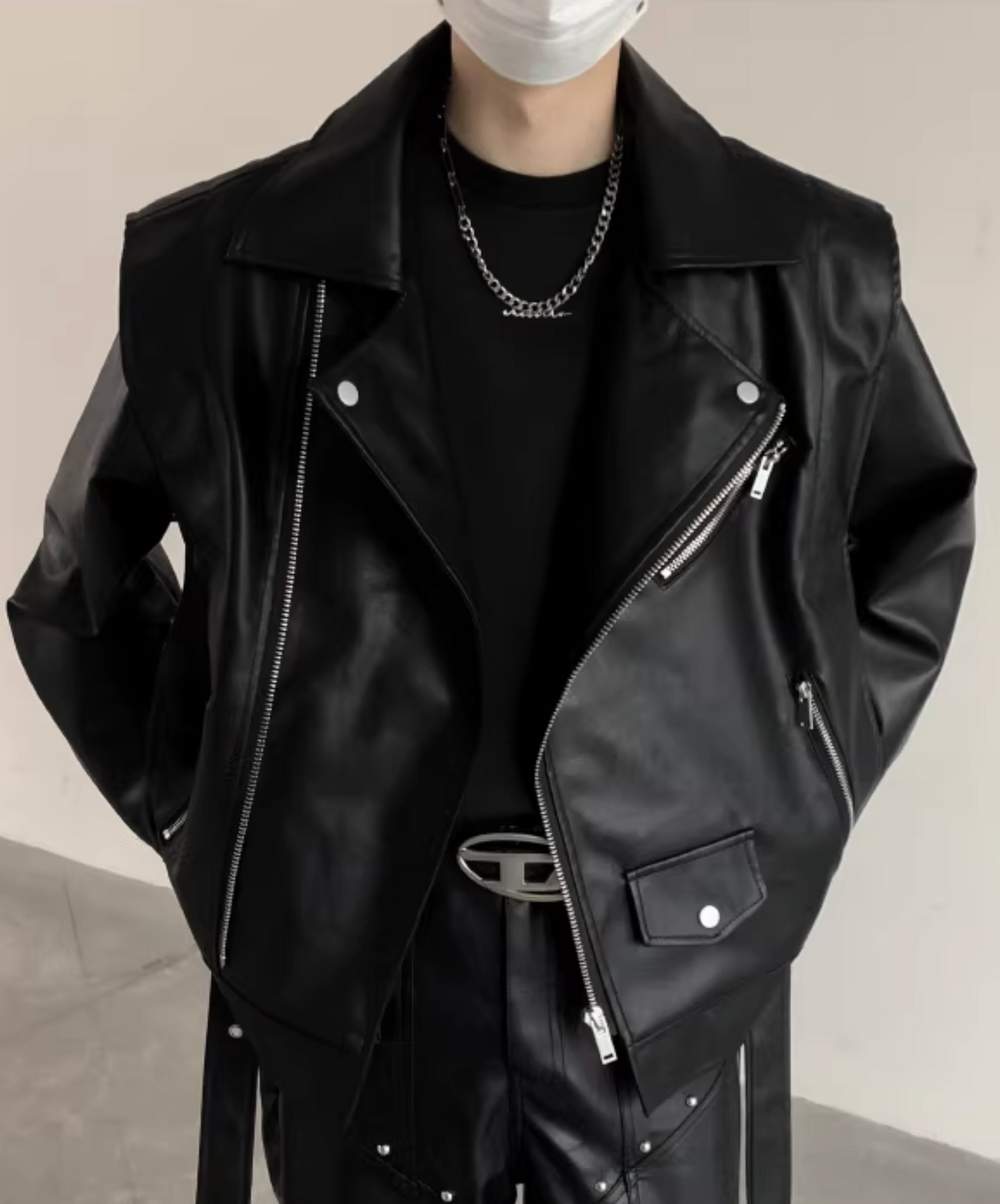 loose lapel pu leather jacket EN2621